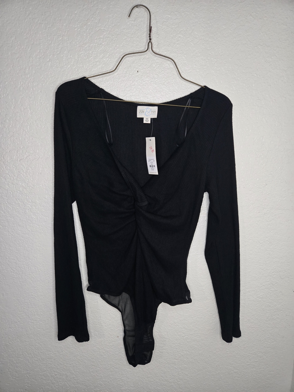 Twist-Front Long Sleeve Bodysuit in Black